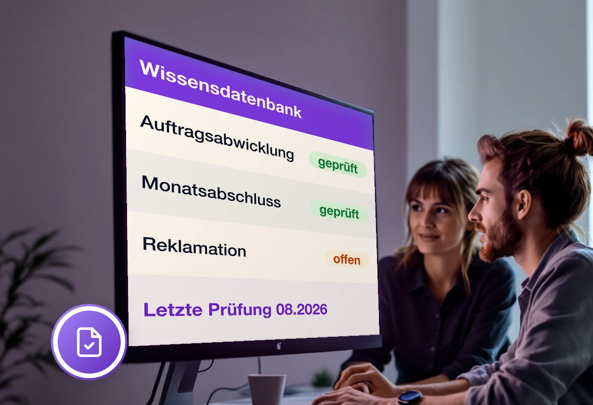 Bildschirm mit einer Wissensdatenbank: Artikelbaum, zuletzt geprüfte Anleitungen und verantwortliche Personen